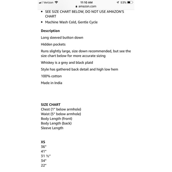 TULIP whiskey Plaid XS button Down Shirt NWT Cotton Black Gray Bustle Back lagen - Picture 8 of 8